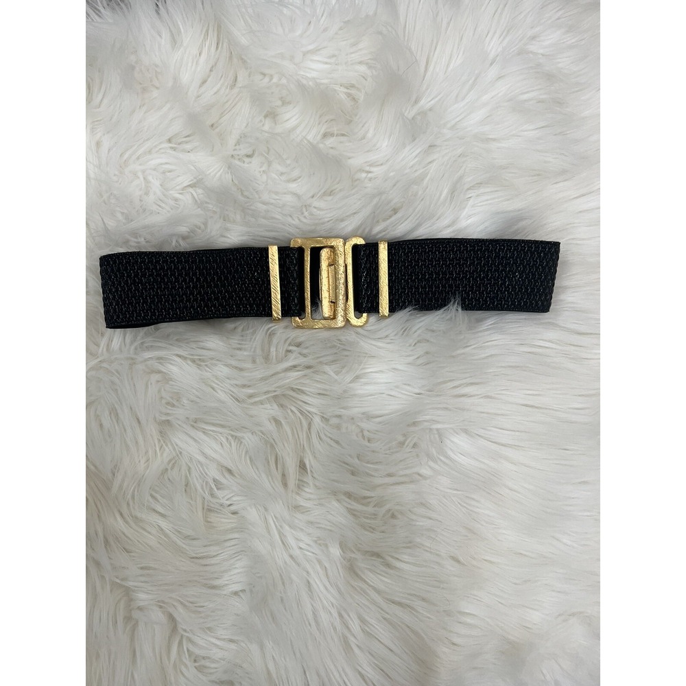 Suzi Roher Gold Tone Metal Black Mesh Leather Elastic Belt Medium Stunning